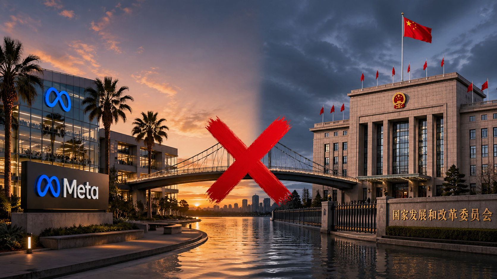 A split-screen illustration. On the left, the Meta logo over a Silicon Valley tech campus; on the right, the NDRC building in Beijing.