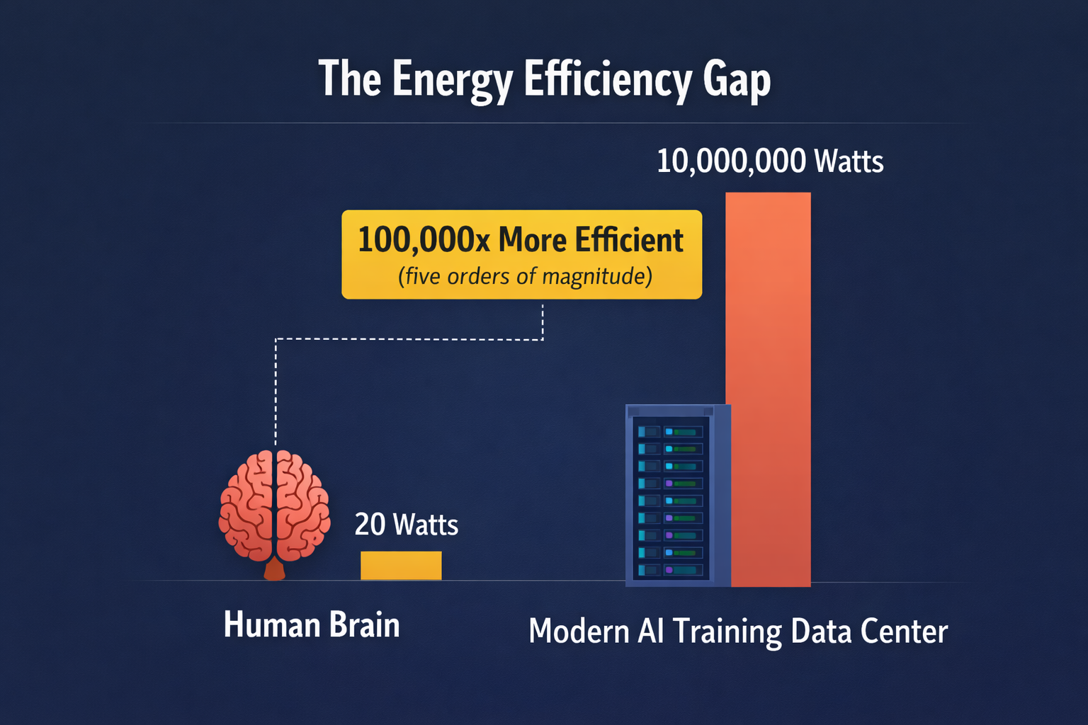 A bar chart shows the Human Brain at 20 Watts versus a Modern AI Training Data Center at 10,000,000 Watts.