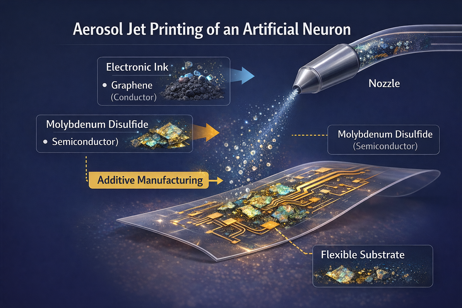 A technical diagram showing the aerosol jet printing process of an artificial neuron.