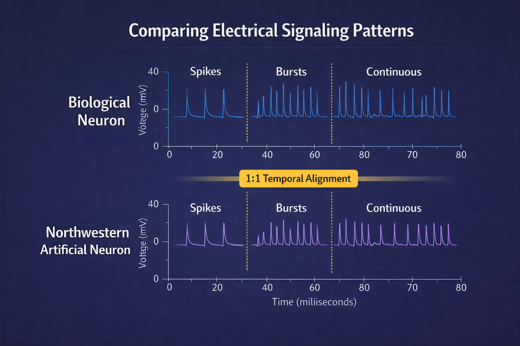 A comparison illustration of electrical signaling patterns. Top row shows 'Biological Neuron' with a sequence of spikes, bursts, and continuous firing. Bottom row shows 'Northwestern Artificial Neuron' mimicking the exact same temporal patterns, spike shapes, and frequencies.