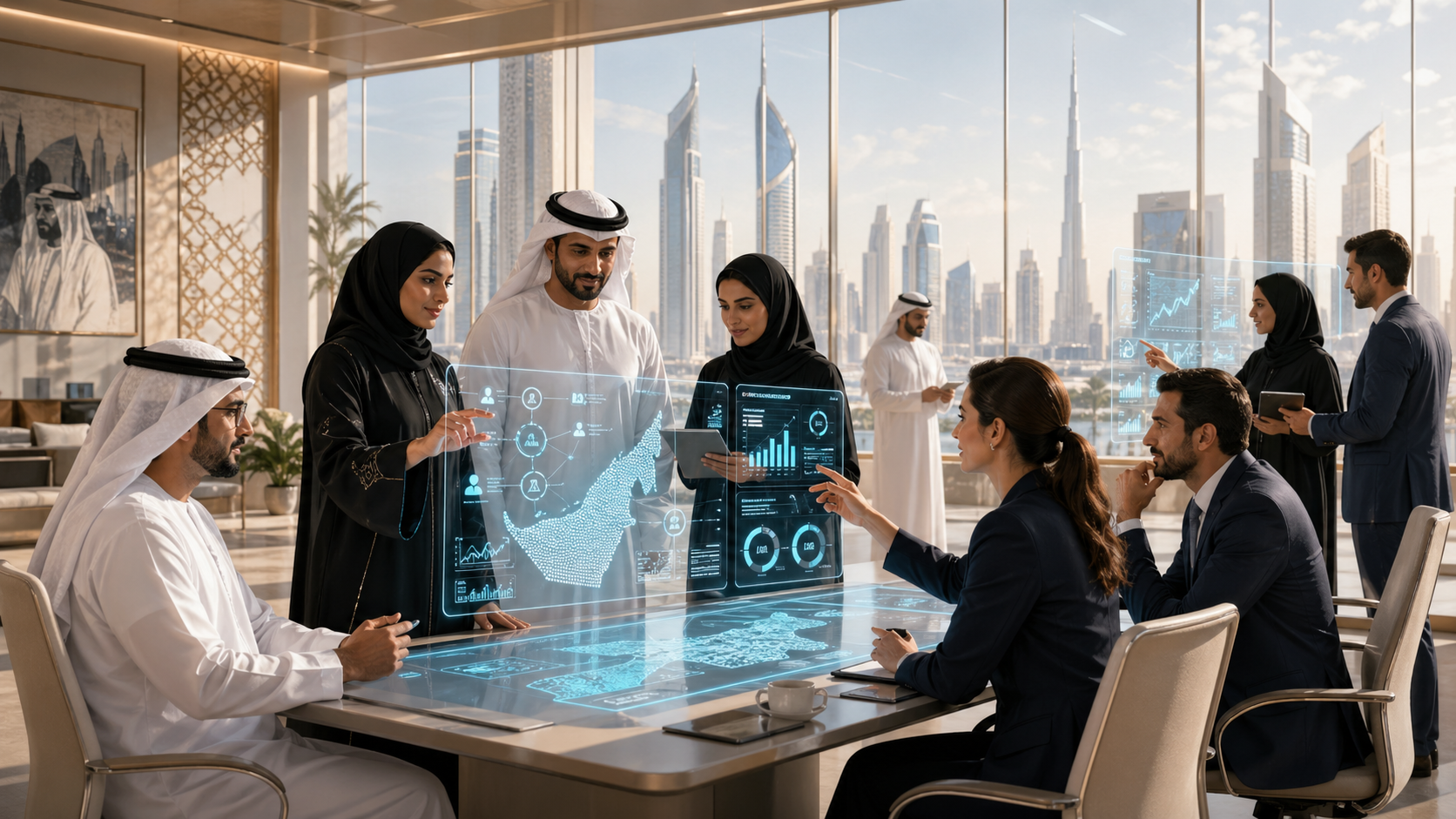 An illustration of a diverse group of UAE federal employees in a modern, sunlit office, interacting with translucent AI interfaces.