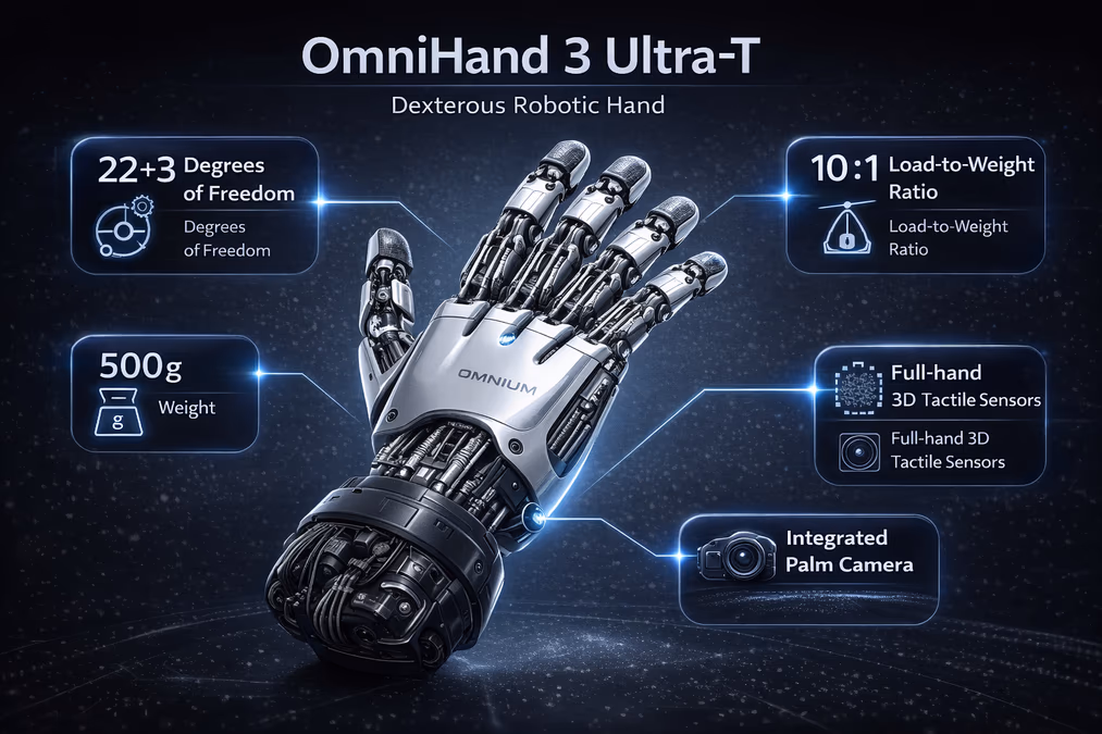 A detailed illustration of the OmniHand 3 Ultra-T dexterous hand.
