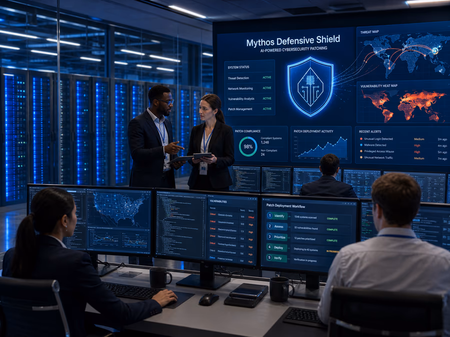 Technicians in business attire monitor large screens displaying code and vulnerability maps.