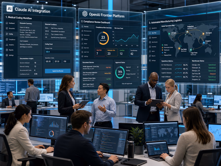 A photorealistic illustration of a high-tech operations center where AI engineers and business analysts work side-by-side.