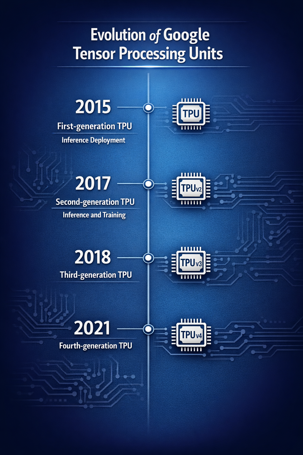  A vertical timeline infographic titled 'Evolution of Google Tensor Processing Units'.