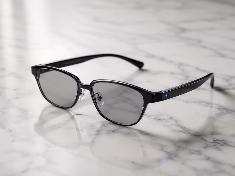 A photorealistic high-end studio product photograph of the new Samsung Android XR smart glasses designed by Gentle Monster.