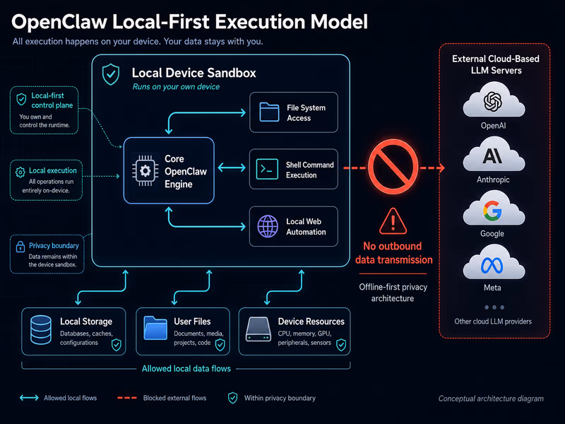 A technical diagram explaining the local-first execution model of the OpenClaw framework.