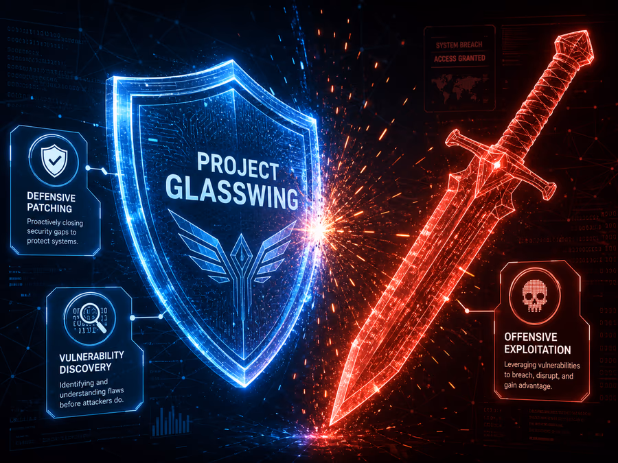 An illustration showing a digital 'shield vs sword' concept in a cybersecurity context.