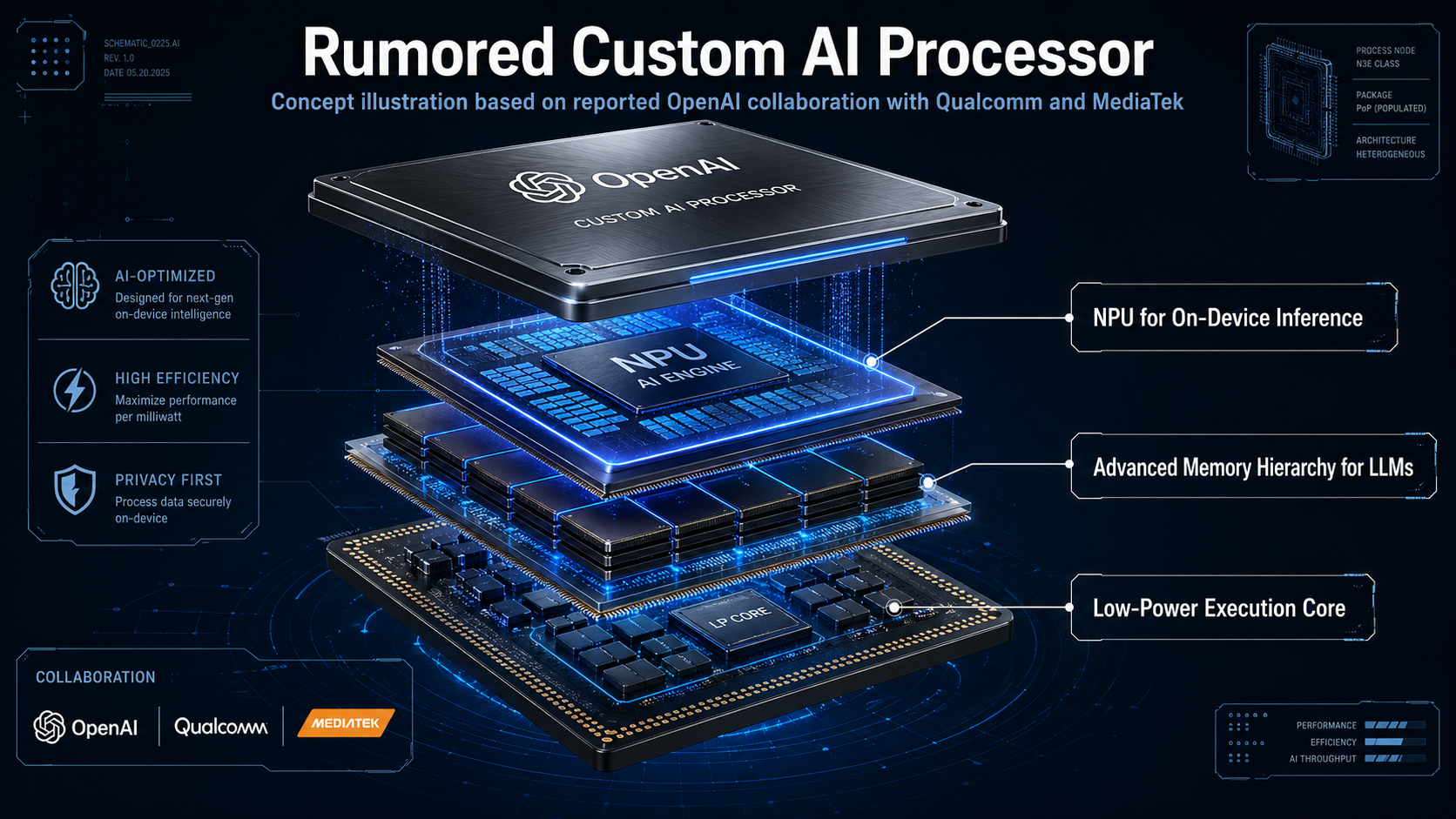 An illustration of the rumored custom AI processor designed with MediaTek and Qualcomm