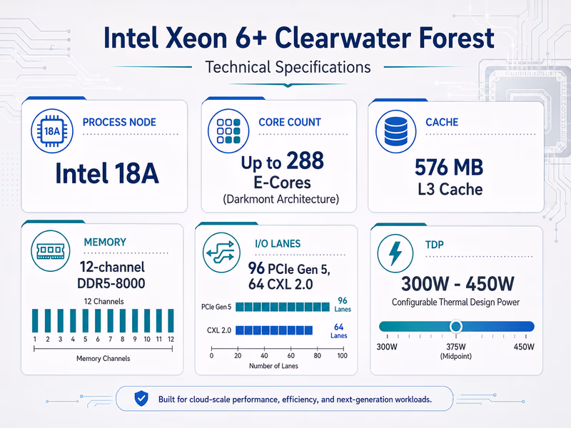 A modern infographic displaying the technical specifications of the Intel Xeon 6+ Clearwater Forest processor.