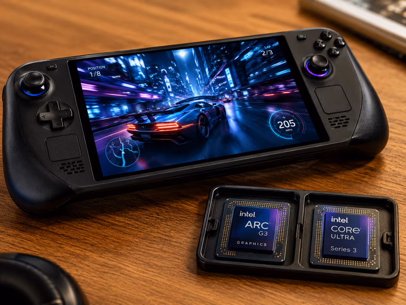A close-up shot of a, handheld gaming console lying on a desk.