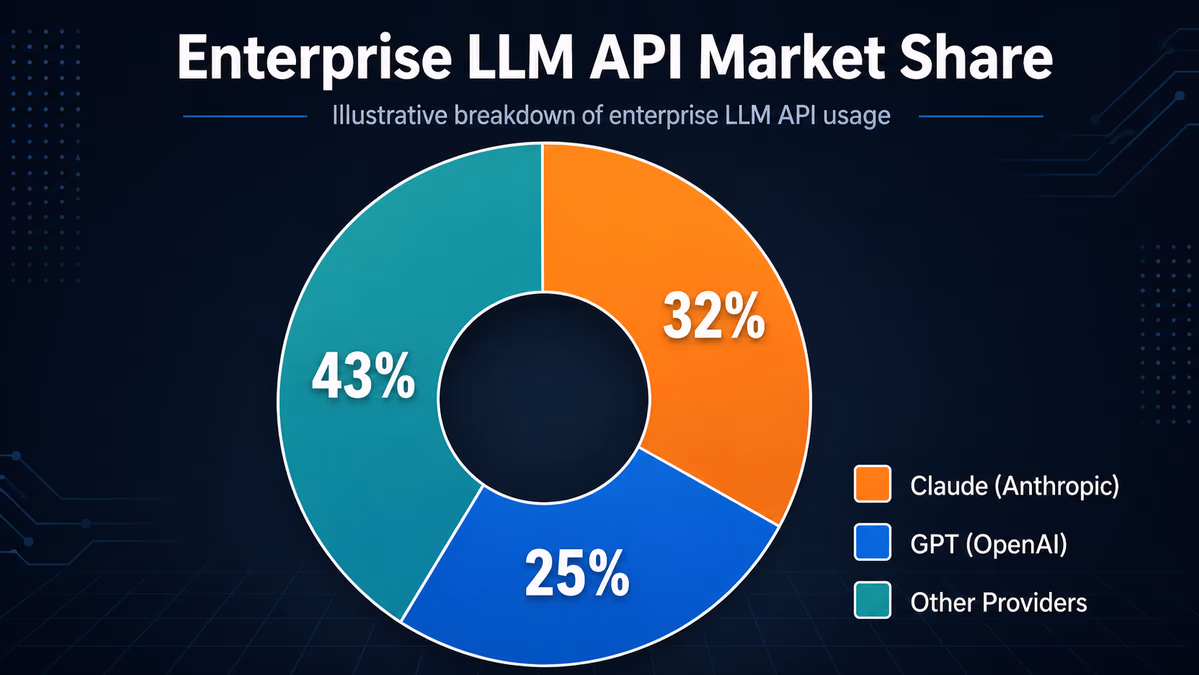 An infographic titled 'Enterprise LLM API Market Share' featuring a large donut chart.