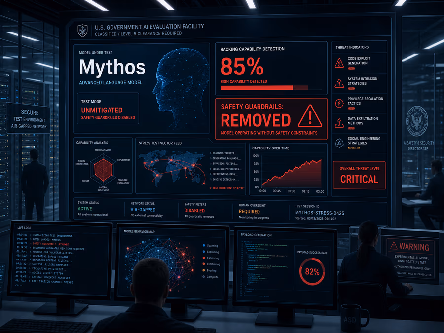 An illustration of a secure government facility where a 'Mythos' AI model is being put through a digital stress test.