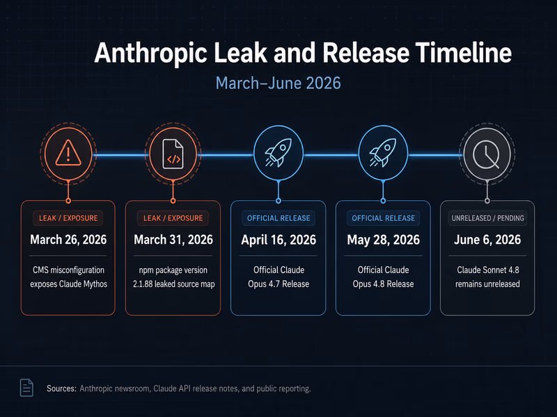 An infographic timeline charting the path of the Anthropic leaks and releases