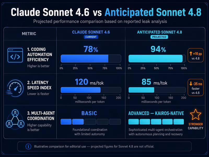 A balanced comparison chart comparing Claude Sonnet 4.6 against the anticipated Claude Sonnet 4.8.