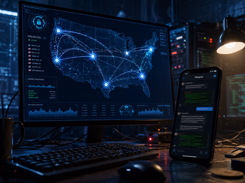 A dark-themed digital illustration showing an attacker's desk.
