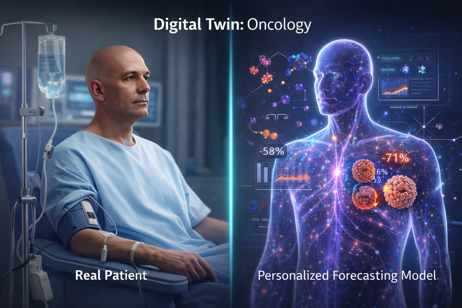 An illustration of a 'Digital Twin' concept for oncology.