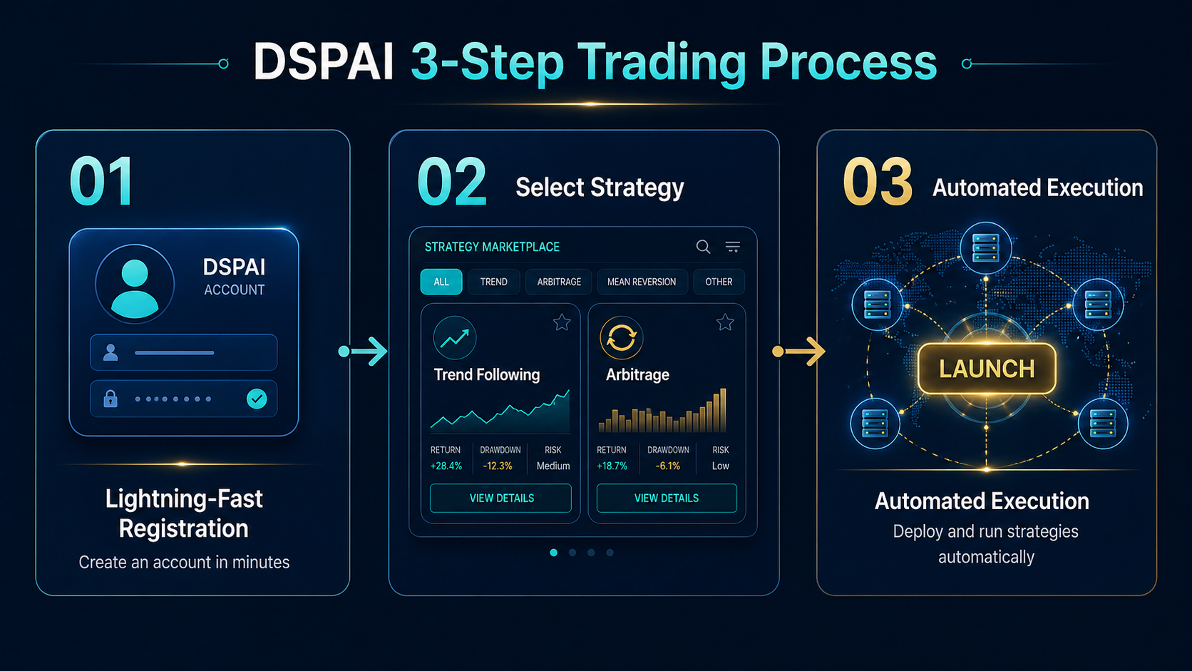 A professional diagram showing the 3-step trading process