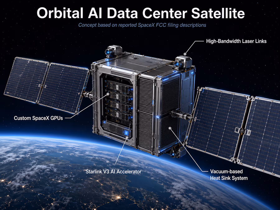 Diagram of an 'Orbital AI Data Center Satellite' as described in the SpaceX FCC filing.