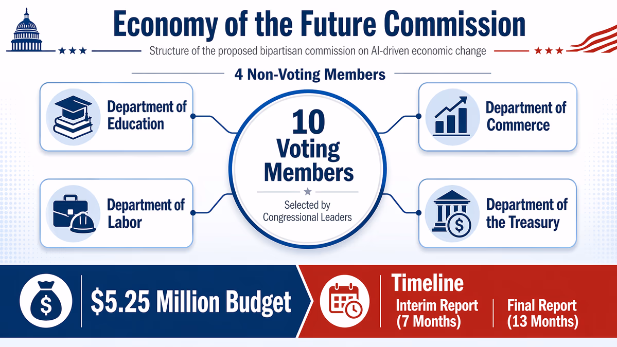 Infographic showing the 'Economy of the Future Commission' structure. 