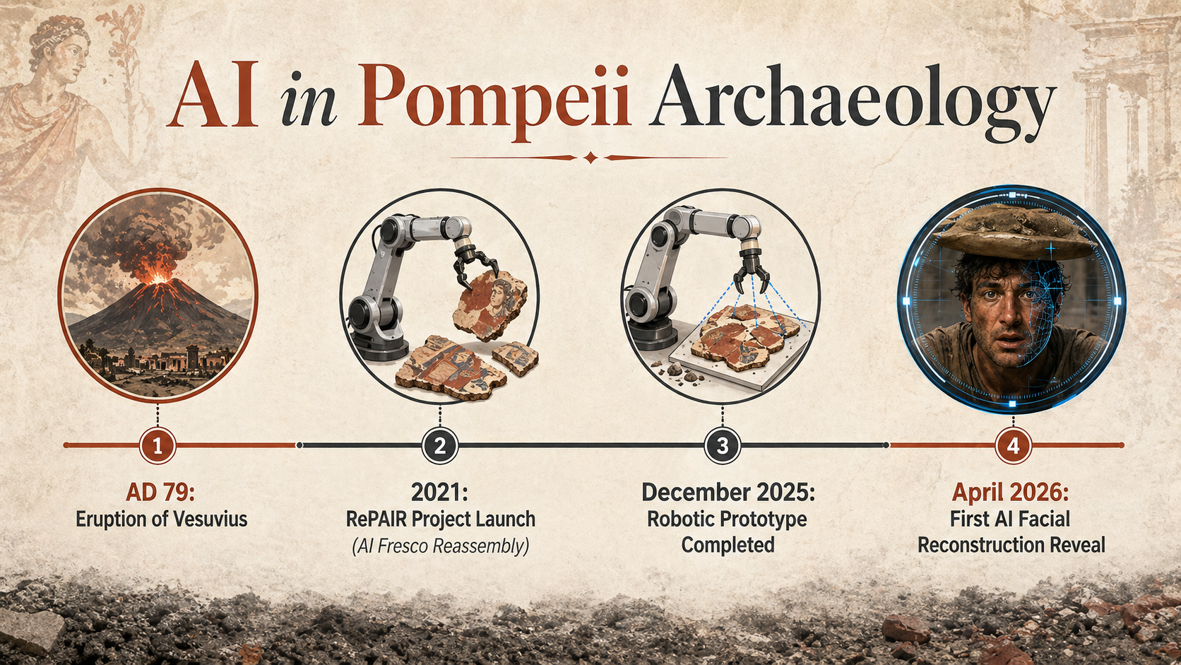 A horizontal timeline infographic titled 'AI in Pompeii Archaeology'.
