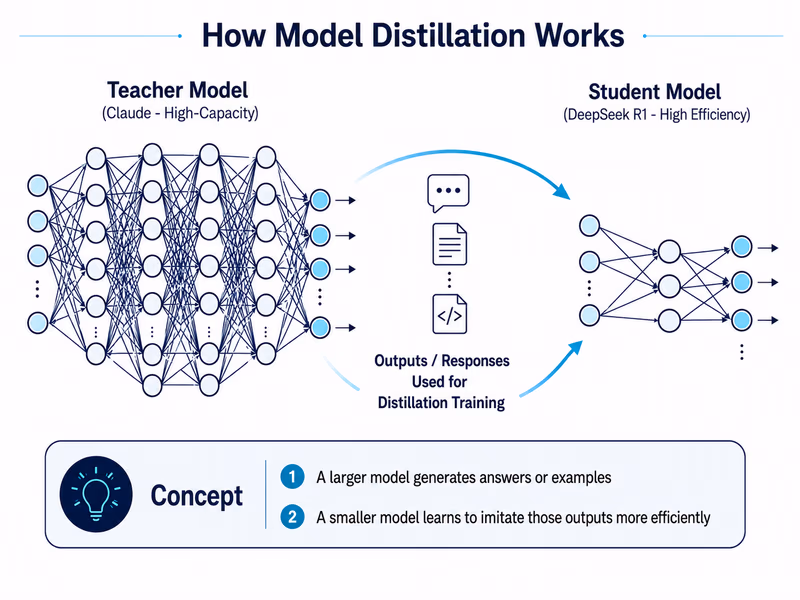 A technical diagram explaining the concept of 'Model Distillation' as described in the dispute
