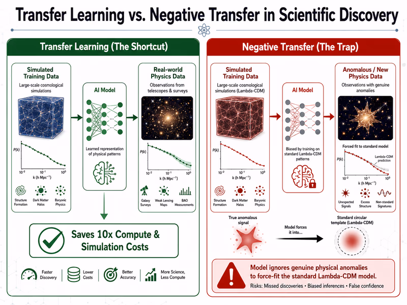 An infographic diagram titled 'Transfer Learning vs. Negative Transfer in Scientific Discovery'.