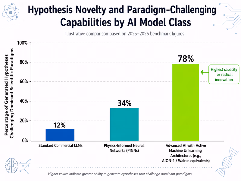 A comparison bar chart visualizing 'Hypothesis Novelty and Paradigm Challenging Capabilities by AI Model Class' based on 2025-2026 industry benchmarks.