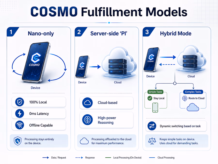 An infographic titled 'COSMO Fulfillment Models' showing three distinct paths for AI processing