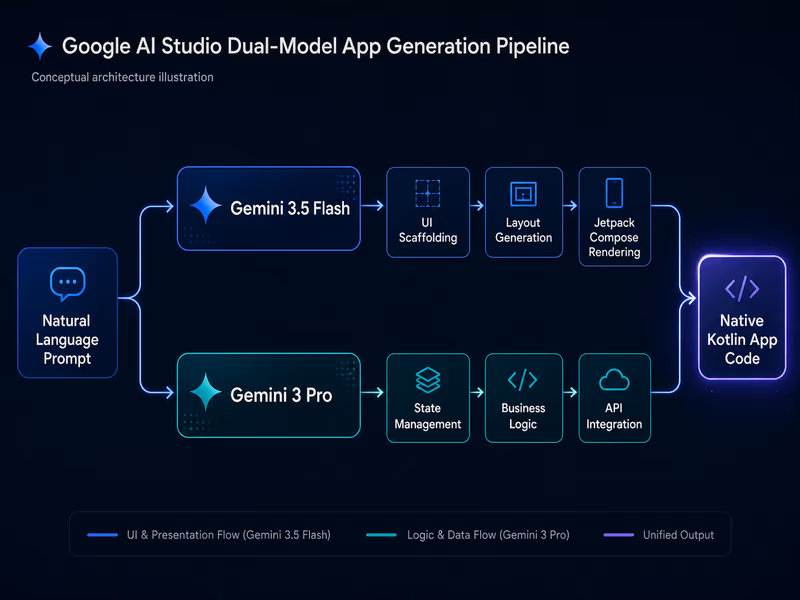 A technical architectural diagram illustrating Google's dual-model AI app generation pipeline inside Google AI Studio.