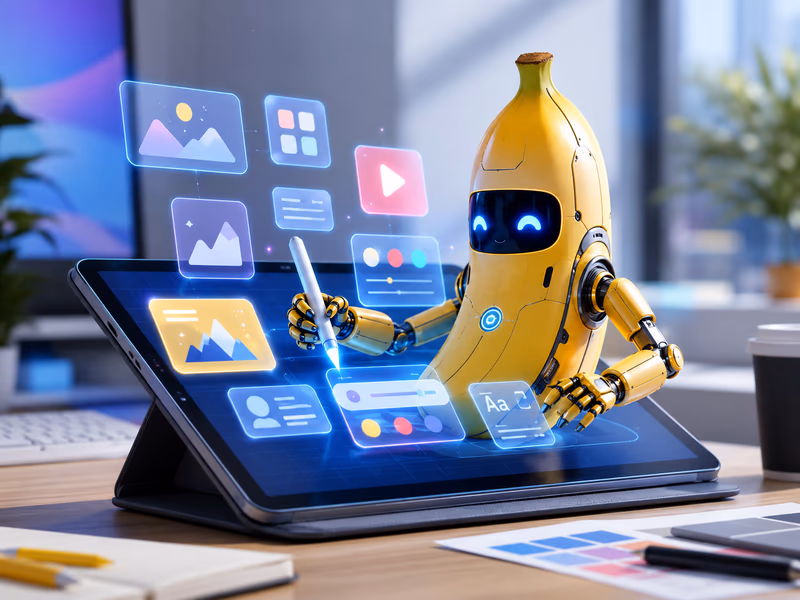 An illustration of the AI asset generator agent named 'Nano Banana'.