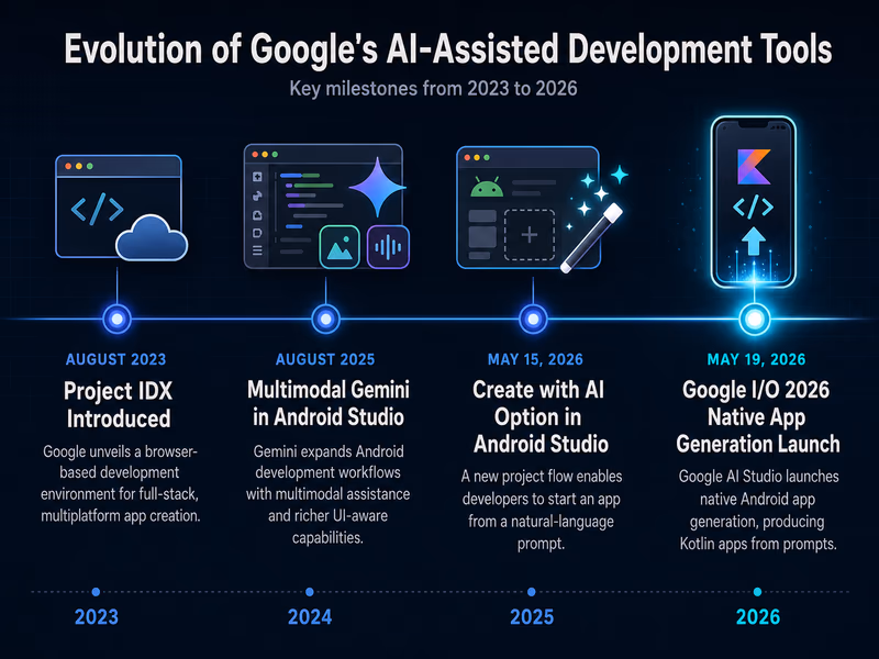 An infographic timeline charting the evolution of Google's AI-assisted development tools from 2023 to 2026.
