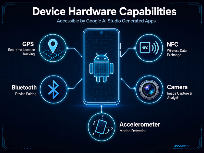 An infographic poster displaying the physical device hardware capabilities accessible by Google AI Studio's generated apps.