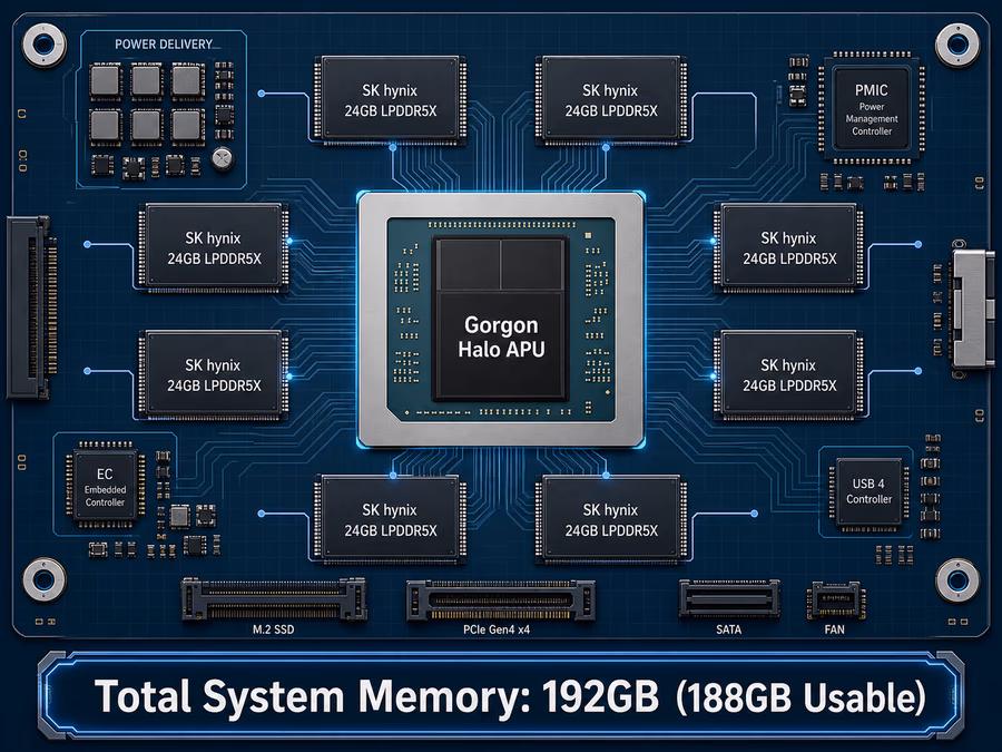 A technical diagram of a system motherboard layout showing eight 24GB LPDDR5X memory packages