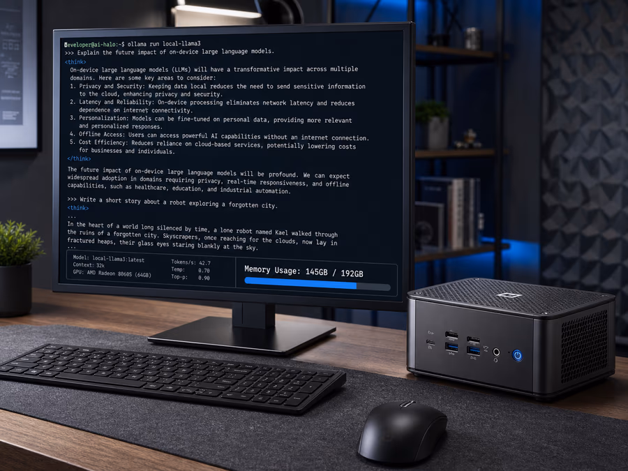 An illustration of a professional workstation running a Large Language Model (LLM) locally