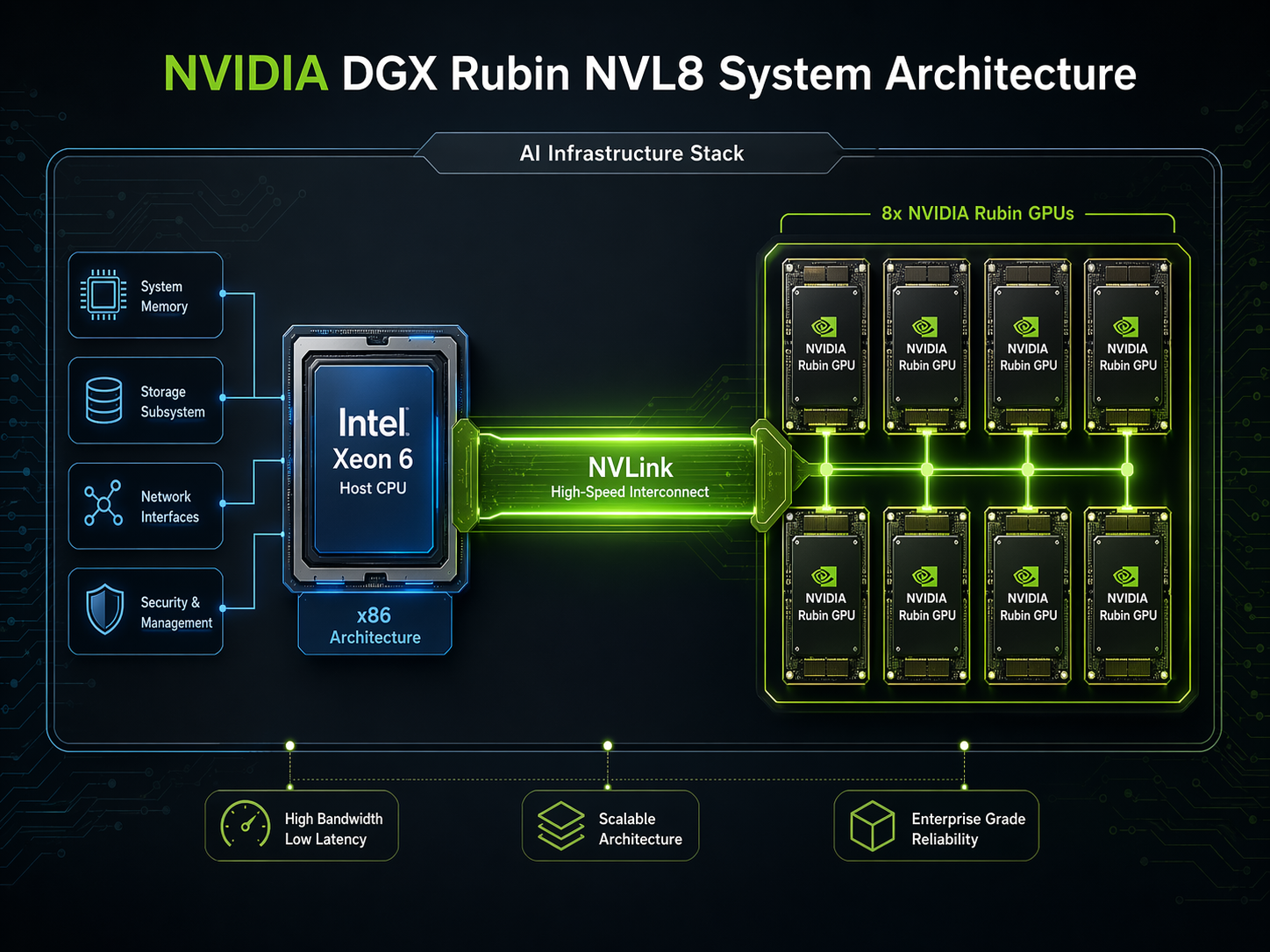 A technical diagram of the 'Nvidia DGX Rubin NVL8 System Architecture'.