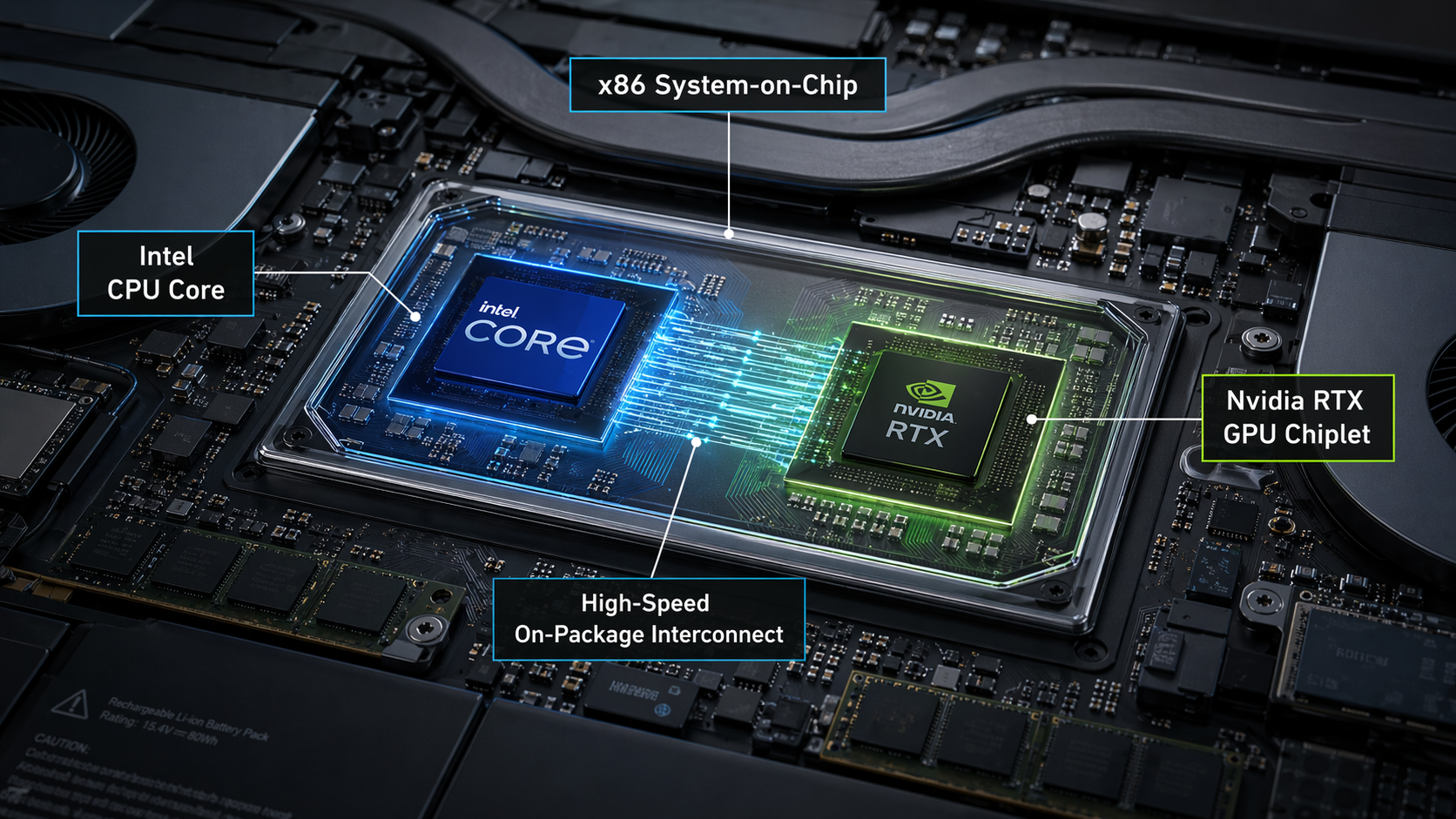 An illustration of a modern laptop interior where the central processor is an 'x86 System-on-Chip'.
