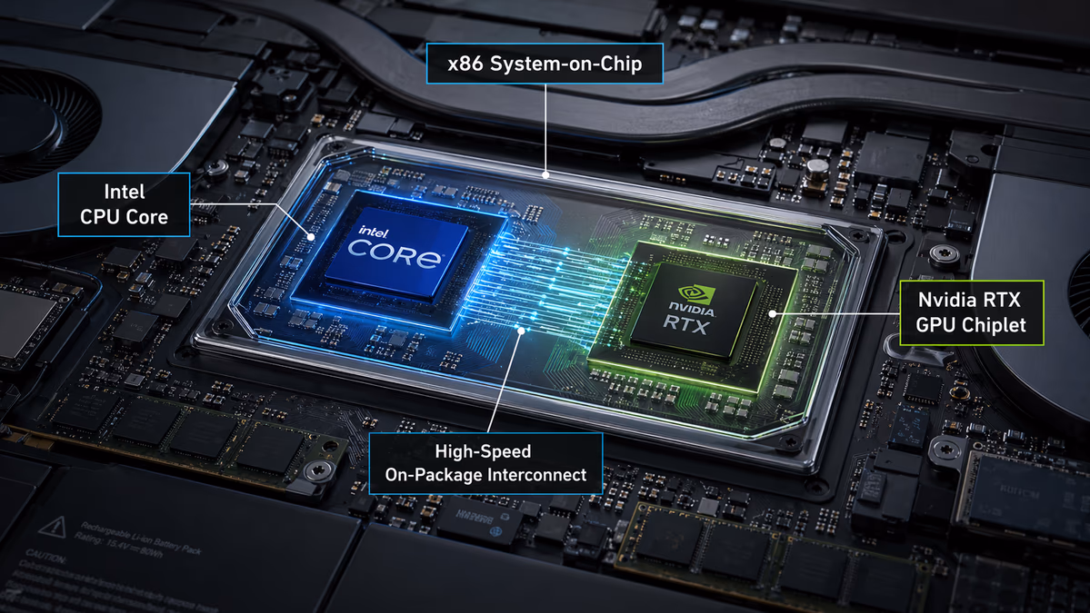 An illustration of a modern laptop interior where the central processor is an 'x86 System-on-Chip'.