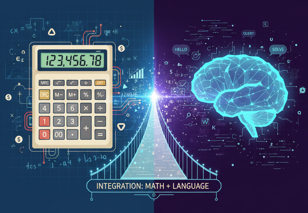  A split-screen illustration: one side showing a traditional calculator and the other showing a glowing AI brain, with a bridge connecting them