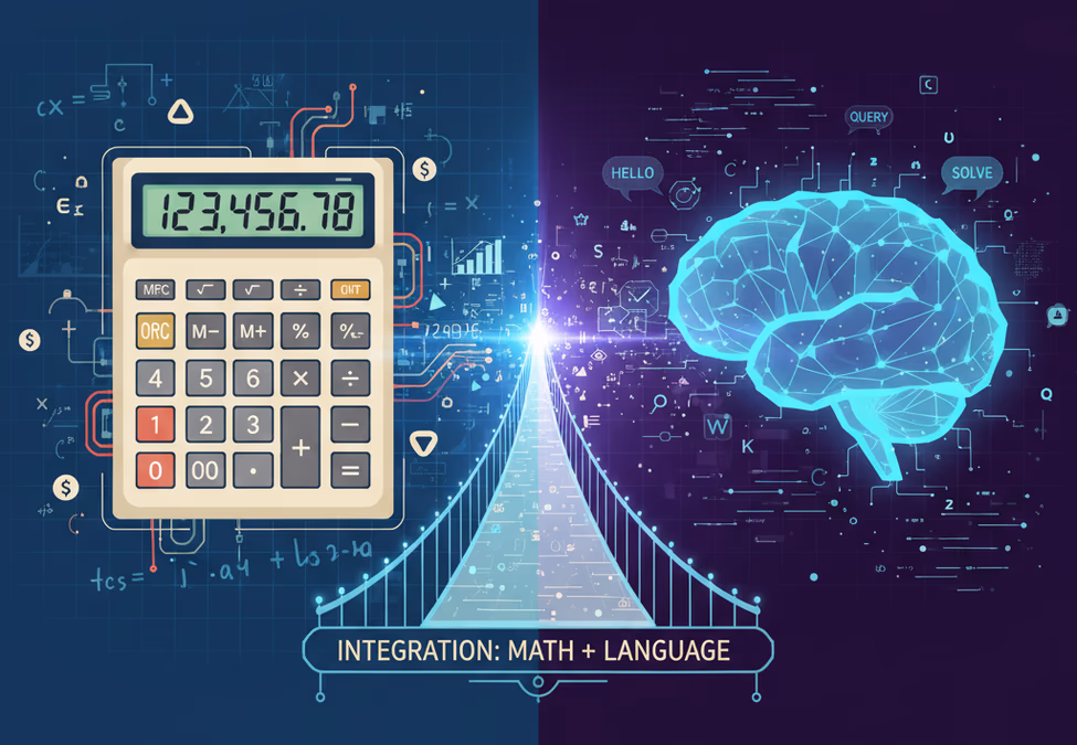  A split-screen illustration: one side showing a traditional calculator and the other showing a glowing AI brain, with a bridge connecting them