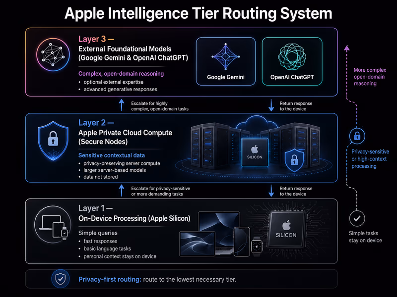 A technical architecture diagram explaining Apple Intelligence's tier routing system.