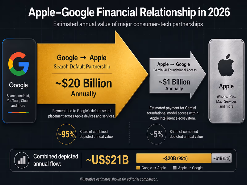 An infographic illustrating the bilateral financial relationship between Apple and Google in 2026.