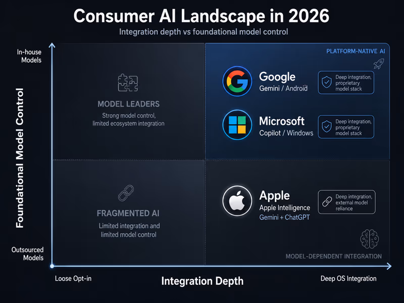 A 2x2 matrix diagram representing the consumer AI landscape in 2026.