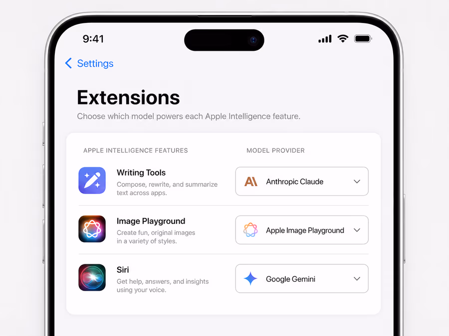 A comparison illustration showing the 'Extensions' interface in the iOS 27 Settings app