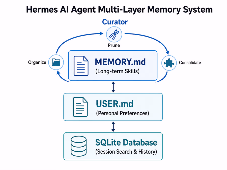 A technical diagram of the Hermes AI Agent Multi-Layer Memory System.