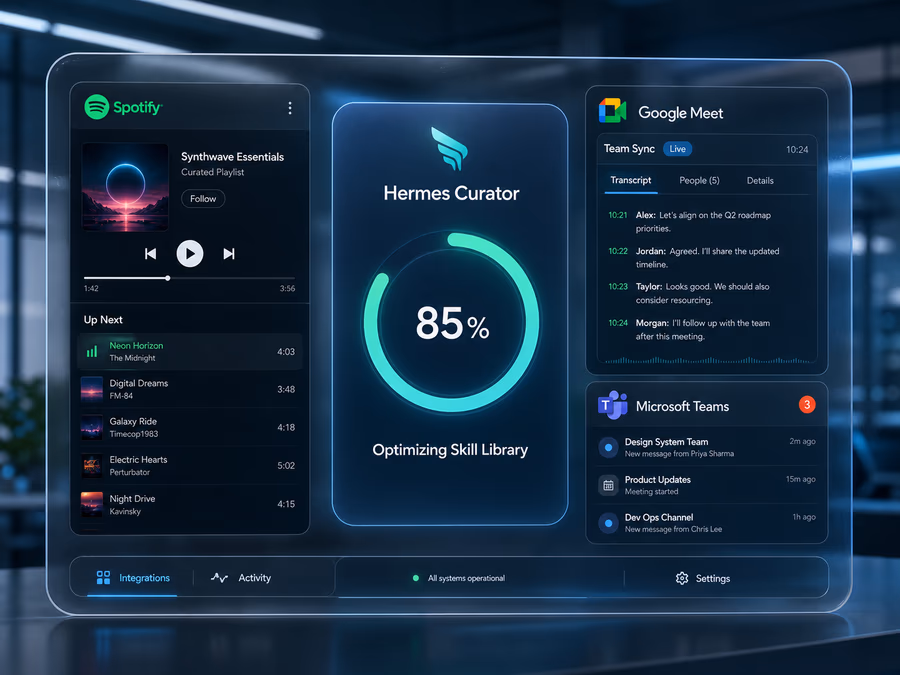 An illustration showing an AI agent's interface with active integrations