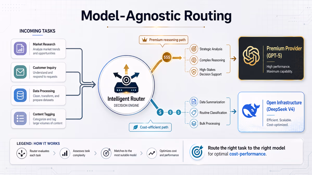 A technical workflow diagram showing 'Model-Agnostic Routing'.