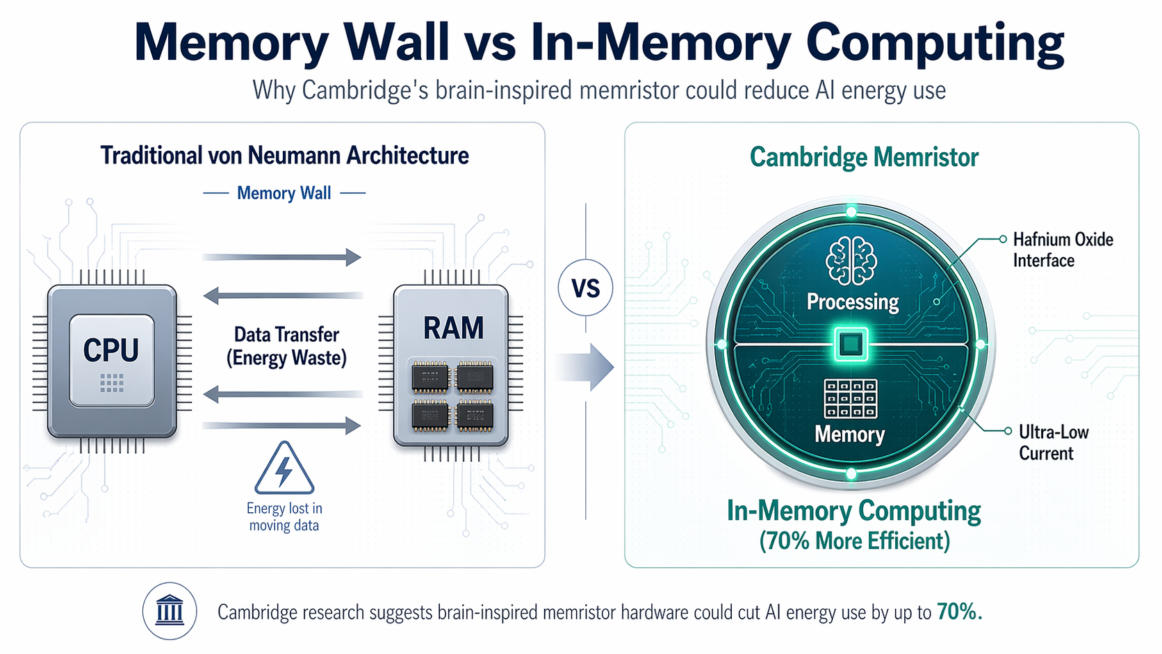 A technical diagram explaining the 'Memory Wall' vs 'In-Memory Computing'.