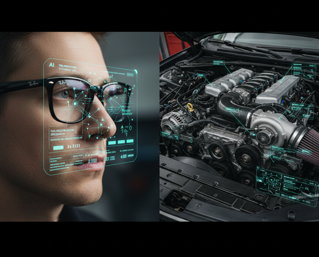 A split-screen view showing a person wearing Ray-Ban AI glasses looking at a complex engine