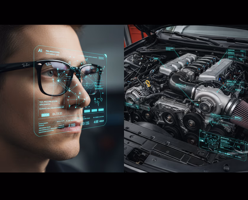A split-screen view showing a person wearing Ray-Ban AI glasses looking at a complex engine